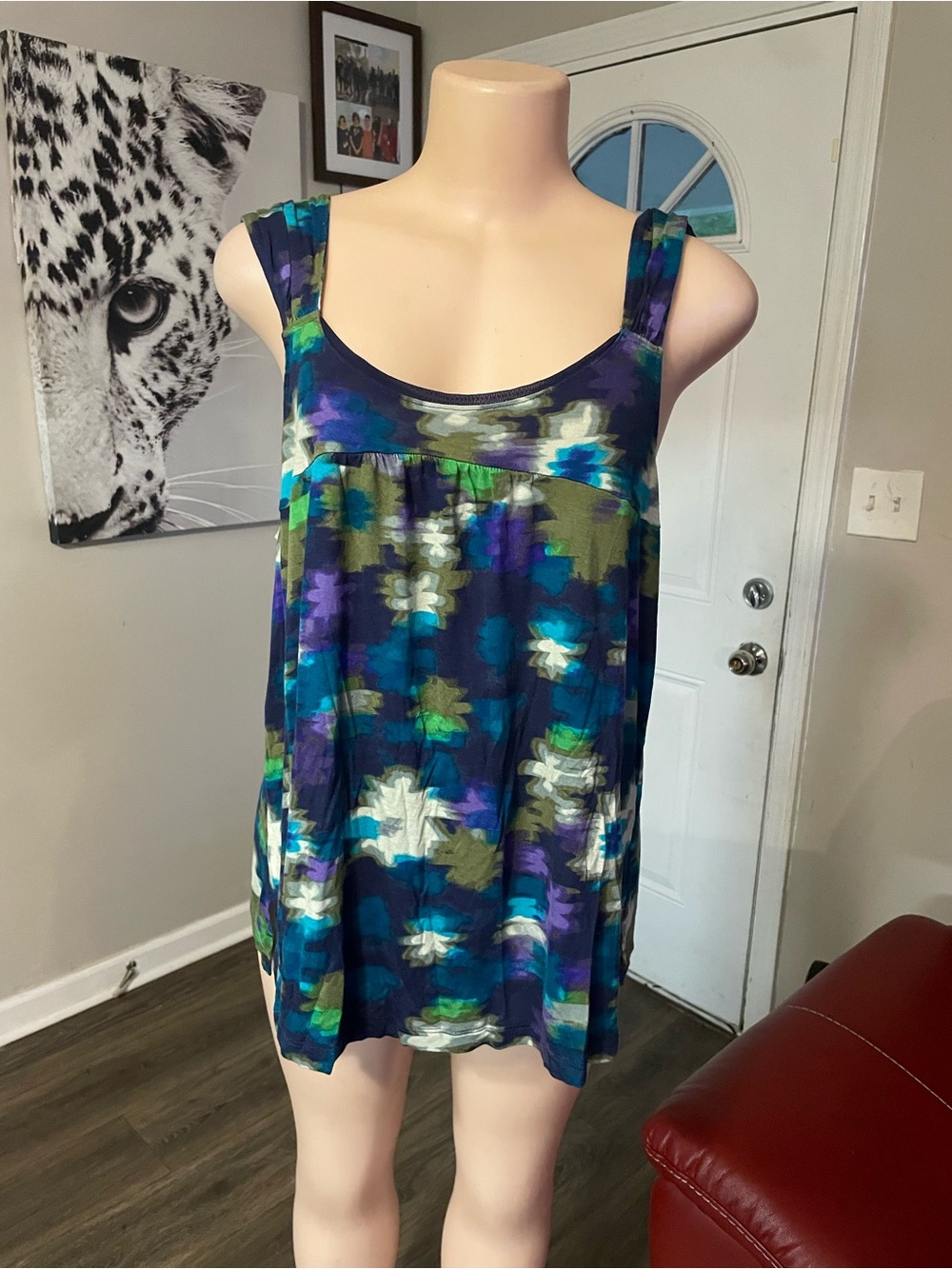 Sleeveless Floral Scoop Neck Tunic Top - Navy, Teal & Olive multicolored summer